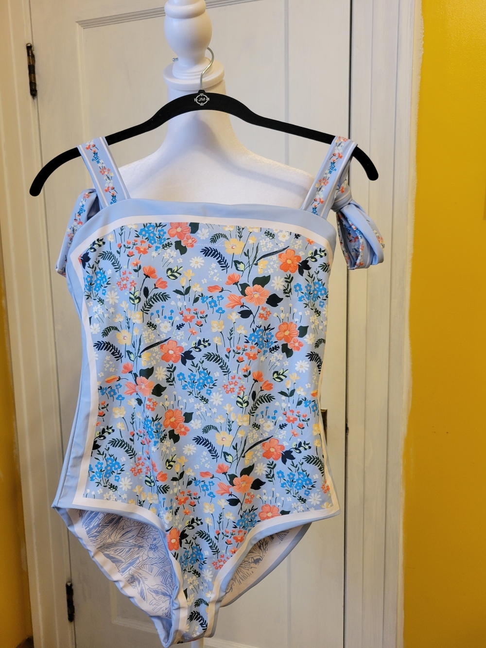 Women's Reversable Light Blue Floral One-Piece Swimsuit with Bow Straps PTP 15"